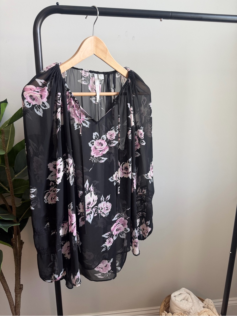 LC Lauren Conrad Black Floral V-Neck Blouse with Pink Roses